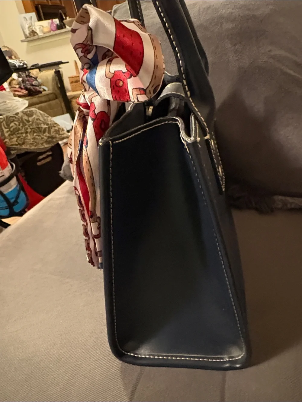 Vintage Structured Navy Tote with Twilly Scarf Accent - Women's Everyday Handbag